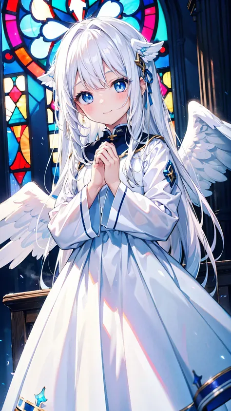 A cute angel girl with long white hair and blue eyes、16 years old、Angel wings on the back、pray、smile、White dress、Church stained glass