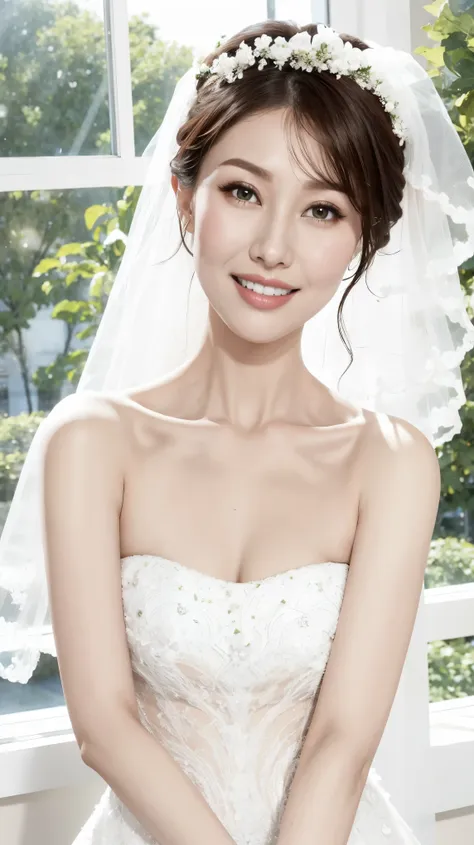 Fashion model 25 years old [[[[close up]]]], [[[[neck]]]], [[[[Shoulder]]]], Perfect eyes, Perfect iris，Perfect lips，Perfect Teeth，Perfect skin，White skin，Soft headlight，High-density imaging review，（Face is clear and delicate），((White Bride Wedding Dress))...