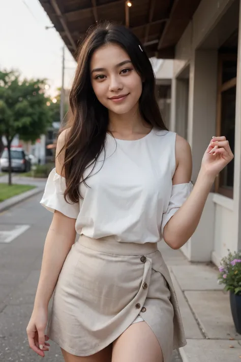 A stunningly cute 22-year-old Asian woman with smooth, glowing skin, long silky black hair, and sparkling brown eyes. She is wearing a stylish outfit, a pastel-colored blouse, and a chic skirt. Her smile is warm and inviting, exuding youthful energy and ch...