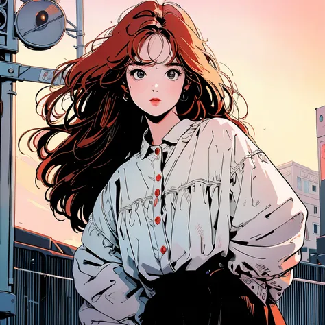 whole body, Upper Body、One beautiful woman, 4k, Warm colors , White blouse、skirt, pedestrian crossing、Signal, 、intersection、Complex background、Long Red Hair、Detailed Hair