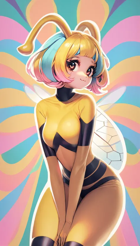 best quality, super fine, 16k, incredibly absurdres, extremely detailed, delicate and dynamic, beautiful lady, big bee cosplay, long antennae, great proportion, cute, cute pose, pastel colored forest, pop art