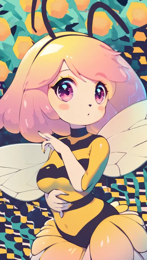 best quality, super fine, 16k, incredibly absurdres, extremely detailed, delicate and dynamic, beautiful lady, big bee cosplay, long antennae, great proportion, cute, cute pose, pastel colored forest, pop art