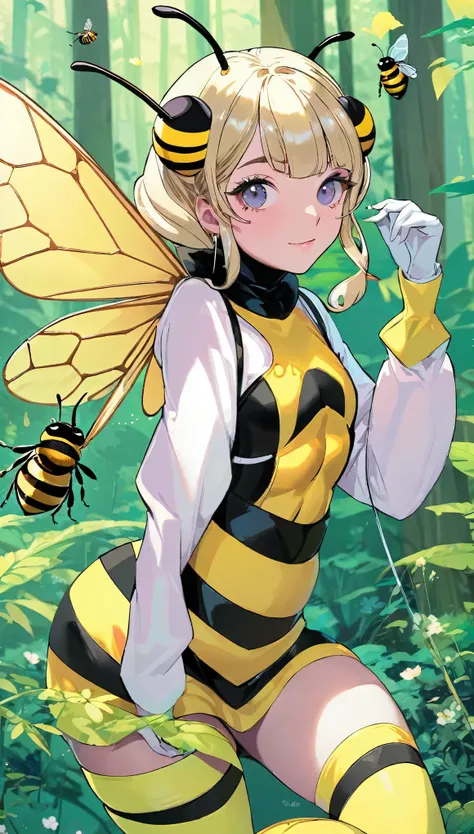 best quality, super fine, 16k, incredibly absurdres, extremely detailed, delicate and dynamic, beautiful lady, big bee cosplay, long antennae, great proportion, cute, cute pose, pastel colored forest, pop art