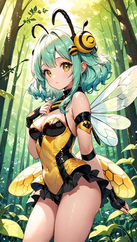 best quality, super fine, 16k, incredibly absurdres, extremely detailed, delicate and dynamic, beautiful lady, big bee cosplay, long antennae, great proportion, cute, cute pose, pastel colored forest, pop art