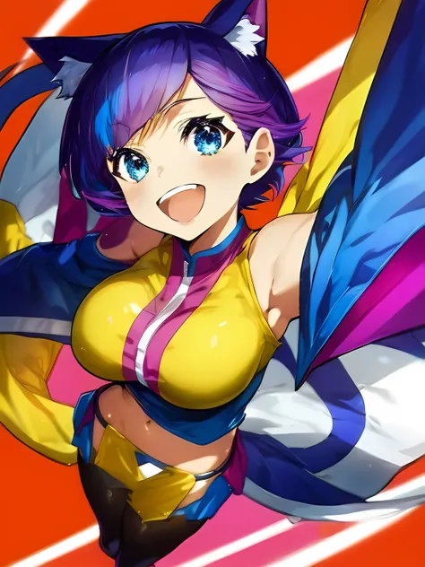 "An anime girl with beautiful short hair, smiling cheerfully towards the camera. Her sleek and lovely hair shines with vibrant colors that catch the eye. The bust up pose highlights her warm and friendly expression, while a colorful background enhances the...