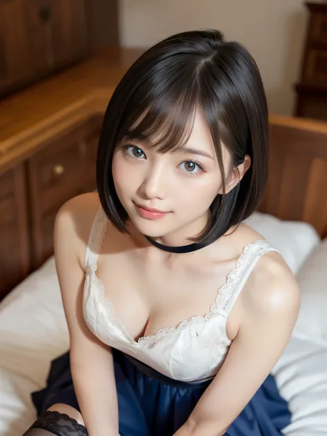 (highest quality:1.5)、(Real:1.5)、(1 person:1.5)、Wearing a dress and looking up at the camera、Angle from above、(Very detailed)、(High resolution)、8k、Small breasts、Natural color lip、Cute smile、Japanese women、20 year old girl、Thin eyebrows、Beautiful and elegan...