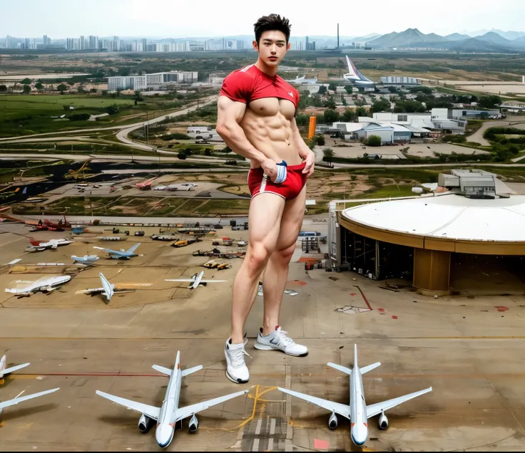 (masterpiece), ((cute korean guy:1.4)), a giant asian guy, handsome korean guy, wearing tight brief, wearing brief, (wearing sneakers:1.3), very big muscles, massive muscles, (airport, airplane:1.2), (()), perfect hands, muscles, abs, hd, 8k, looking at th...