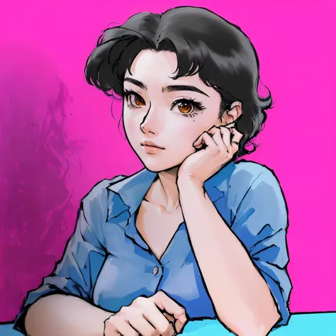 there is a drawing of a woman sitting at a table, cel - shaded art style, inspired by Naoko Takeuchi, drawn in the style of mark arian, kentaro miura manga art style, thoughtful pose, drawn with photoshop, thinking pose, in the art style of 8 0 s anime, ch...