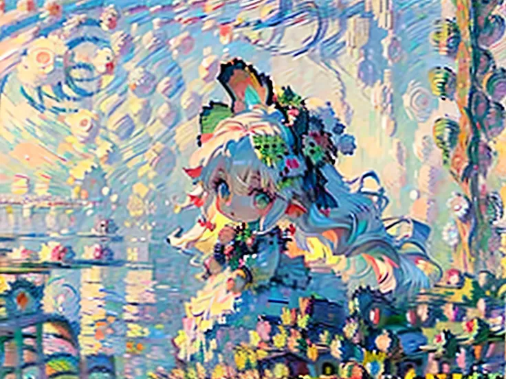 (art by claude monet:1.7),impressionism,leinairisme,1female\((chibi:1.6),cute,kawaii,small kid,(white hair:1.4),(very long hair:...