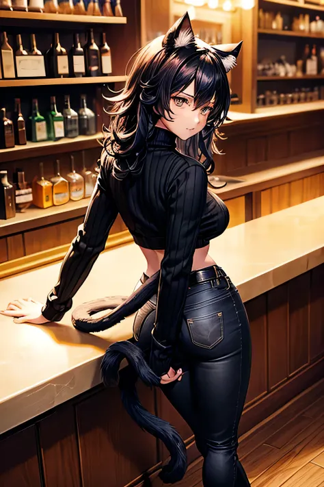 Background of a bar counter, high perspective, black fluffy hair, cat ears and tail, looking back, black jeans, black turtleneck sweater, leaning on bar counter, full body, dim lights, bell bottom black pants 