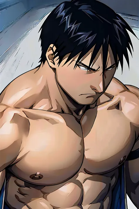 Roy Mustang from Full Metal Alchemist, bodybuilder, shirtless, focused from the chest up, oiled skin