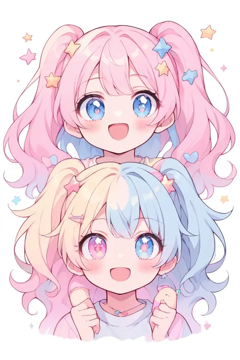 neondskdrmsxl, score_9_climb, score_8_climb, score_7_climb, score_6_climb, 2 girls, alone, pastel colors, open mouth, long hair, star , (mark), star hair accessories, hair accessories, Twintail, look at viewer, blue eyes, pastel neon lighting, source_anime...