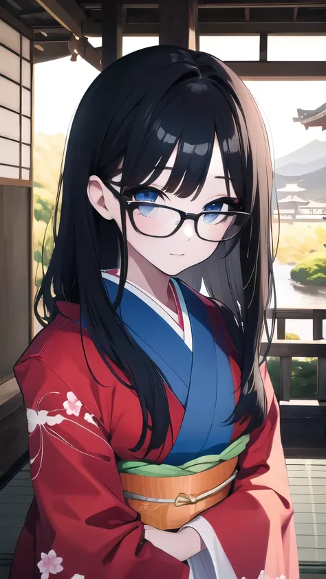 1Lady, Long black hair, bangs, blue eyes, glasses, kimono, traditional japanese, high res, ultrasharp, 8K, masterpiece, looking at viewer, sunny, Japanese scenery