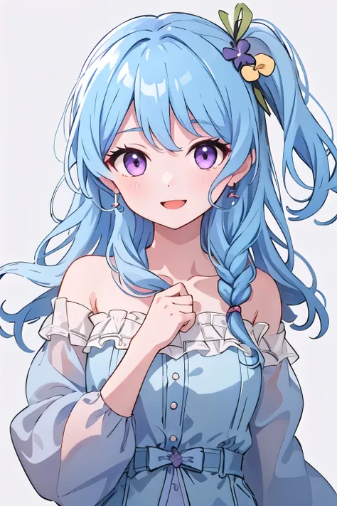 highest quality, (masterpiece:1.2), detailed,
one girl, alone,
light blue hair, purple eyes,cute,beautiful skin,smile,