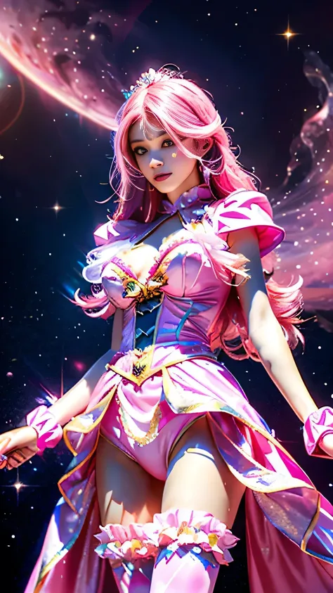 4K Ultra HD, Masterpiece, A girl with a magical aura, (good face:1.2), very Long hair, Detailed eyes, Glossy lips, Lolita costume, (pink costume:1.5), The aura around the body, Magical effect, Spread white light, Cosmic elements and ethereal atmosphere, A ...