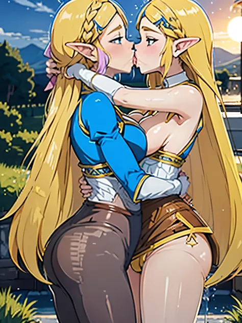 princess Zelda and her twin kissing, anime sex scene, long blonde hair, big breasts, big butt, revealing tight dress, 2girls fondling each other while kissing in fountain, sunset background