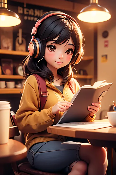 lOfiMusic　Japanese anime style　Girl studying in a cafe　earphone　Warm lighting