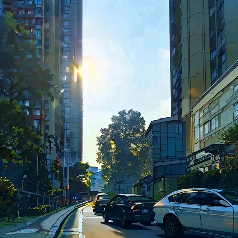 cars are parked on the side of the road in the city, late afternoon sunshine, sunny wide angle lens, some sunshine, 8k 50mm iso ...