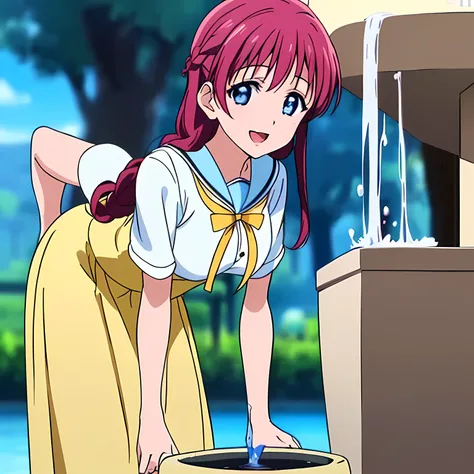 highest quality, (masterpiece:1.2), Very detailed, Game CG, ((((Very beautiful school uniform1A girl is bending over to drink water from a Drinking-Water-Fountain)))), ((The girl everyone loves)), (((Very beautiful long pink hair))), ((((Yellow sailor suit...