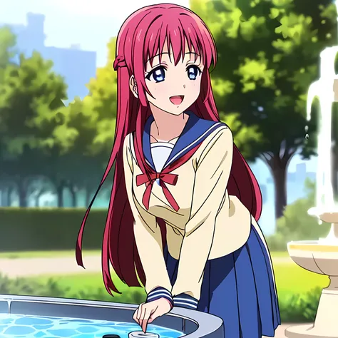 highest quality, (masterpiece:1.2), Very detailed, Game CG, ((((Very beautiful school uniform１A girl is bending down to drink water from a fountain)))), ((The girl everyone loves)), (((Very beautiful long pink hair))), ((((Yellow sailor suit)))), ((Sailor ...