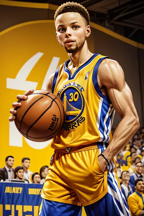 Basketball player Stephen Curry, wearing his team jersey, detailed representation of the face, detailed background, coloful backgroun of golden state warrior, half body shot, best image, best quality, high resolution