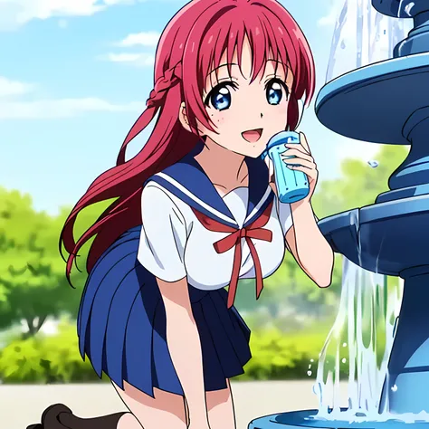 highest quality, (masterpiece:1.2), Very detailed, Game CG, ((((Very beautiful school uniform1A girl is bending down to drink water from a fountain)))), ((The girl everyone loves)), (((Very beautiful long pink hair))), ((((Yellow sailor suit)))), ((Sailor ...