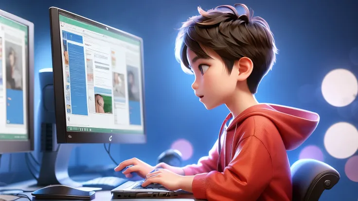 A Chinese boy, facing the computer, side view, clean background