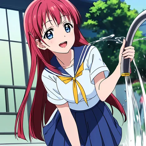 highest quality, (masterpiece:1.2), Very detailed, Game CG, ((((Very beautiful school uniform1A girl is bending over to drink water from a hose)))), ((The girl everyone loves)), (((Very beautiful long pink hair))), ((((Yellow sailor suit)))), ((Sailor unif...