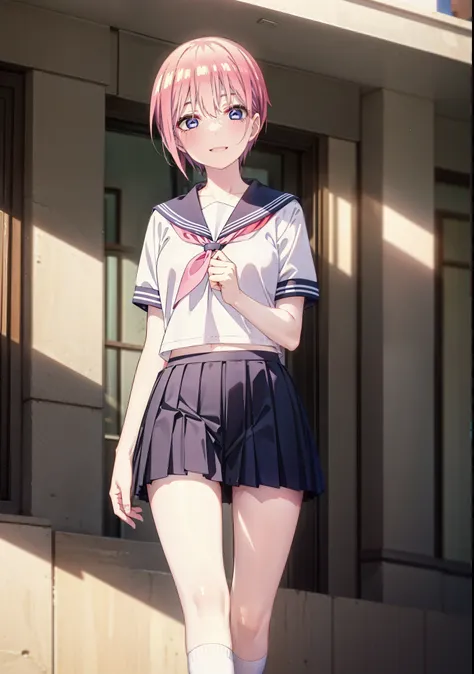 ichikanakano, ichika nakano, short hair, bangs, blue eyes, Hair between the eyes, Pink Hair, smile,happy smile, smile, Open your mouth,Big Breasts,Japanese schoolgirl(Red Sailor Suit),Short sleeve,Black pleated skirt,White knee socks,Brown Loafers,evening,...