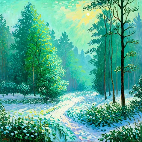 (Claude Monet),Forest cold background ,(landscape、Forest details) ,( Solitary),Claude Monet style