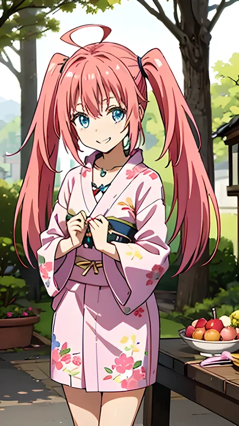 masterpiece, highest quality, High resolution,Anime Style、Characters from Tensura、Milim Platinum pink hair(Twin tails:1:20)(Ahoge:1:10)、blue eyes、About 10 years old、、Smile with your mouth closed、The double tooth shines、Red on the neck、white、A n...