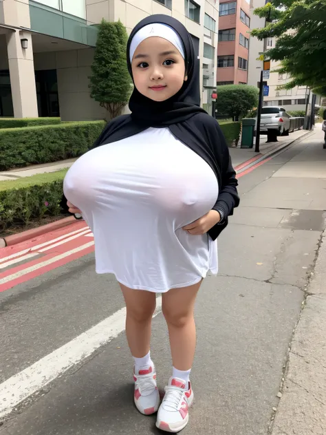 adorable, 1girl, malay girl hijab, 8 years old, baby face, adorable face, happy, full body portrait, (face details: 1), (eye details: 1), ((Heavy breasts)). ((Saggy breasts)). wearing white long shirt, transparent shirt, sneakers.. Cute posed. proportional...