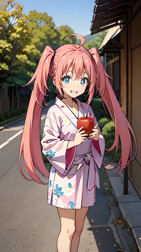 masterpiece, highest quality, High resolution,Anime Style、Characters from Tensura、Milim Platinum pink hair(Twin tails:1:20)(Ahoge:1:10)、blue eyes、About 10 years old、、Smile with your mouth closed、The double tooth shines、Red on the neck、white、A n...