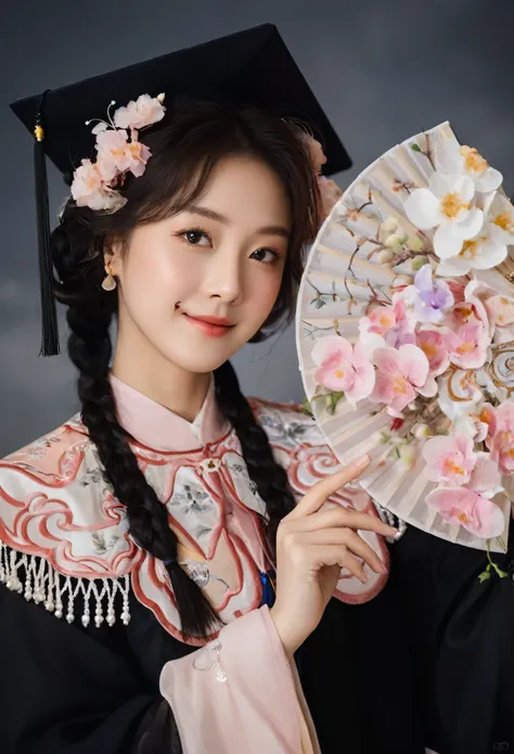 a woman in graduation gown、close-up of woman holding fan, palace ， a girl in hanfu, , hanfu, wearing chinese clothes, 穿着chinese ...