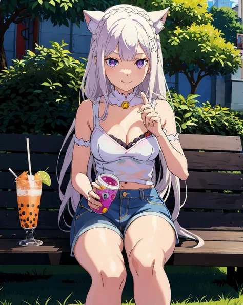 Emilia re:zero, purple eyes, Emilia, crown braid, x hair ornament, flower hair ornament, white hair, long hair, medium breasts, 1girl, white hair, sitting on a park bench in a park, she was holding boba drink 1 hand, 
 wear blue jeans shorts, wear clothes ...