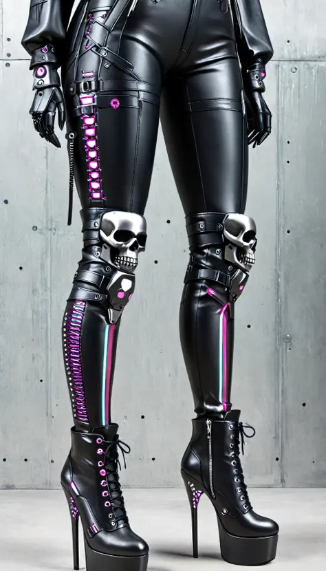 a woman in high heels ((just her legs)) with a skull on her leg, goth day of the dead cyberpunk boots, cyberpunk skeleton, cyber...