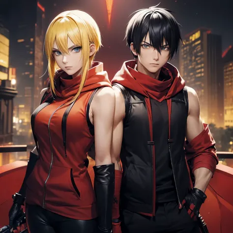((Couple)), ((26 years old, male,Yellow hair, Blue eyes), Spiky hair)).
((26 Years Old, female with Black Hair, Hime Cut, Bang)),, ((red scarf)), ((red hoodie vest)), ((sleeveless)), ((black pants)), ((black gloves)), ((Sniper)), slim, up to legs, intimi...