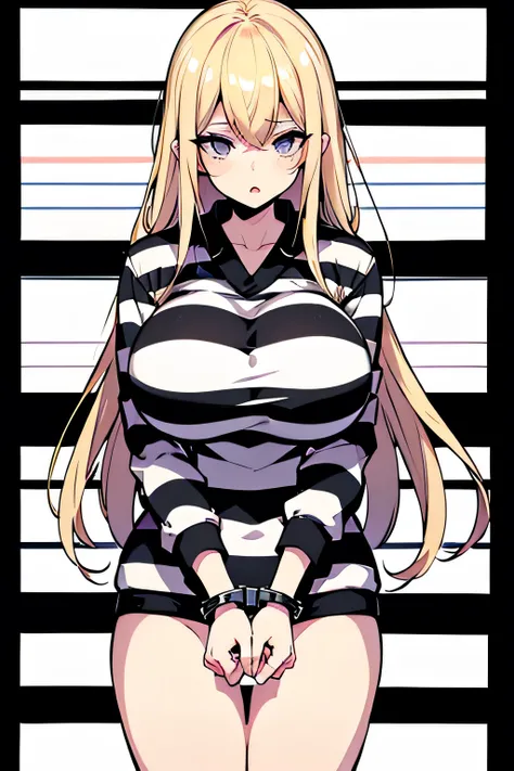 Long blonde hair, handcuffed, arrested, mature female, milf, big breasts ,40 years old, prison uniform, prisoner, black and white stripe prison uniform, waifu material, mature