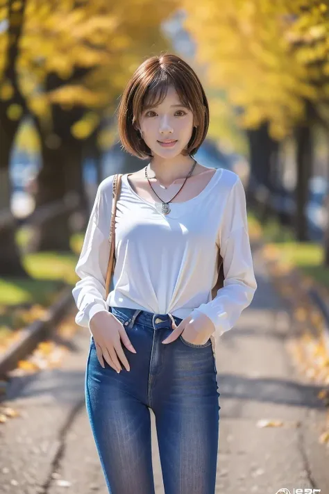 ((18 year old girl))、(highest quality、Tabletop、8k、Best image quality、Award-winning works)、1. Beautiful 、(Polyester collared long sleeve shirt:1.1)、(Red ribbon on the chest:1.1)、(Slim denim:1.5)、(Standing Elegantly:1.1)、(Full body photo from head to foot:1....