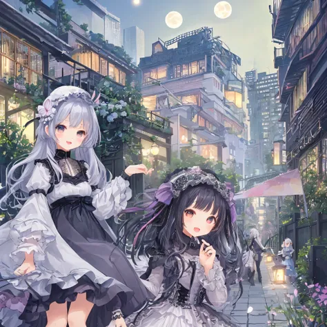 （Cute older sister:1.3）、Very detailed、Spring atmosphere、night、Aggressive、garden、full moon、Skyscraper、highest quality、