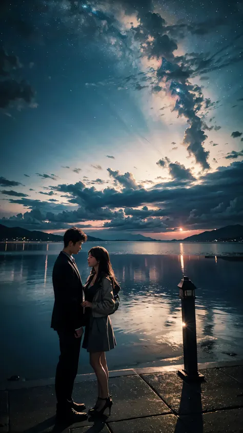 A couple stands against the backdrop of the night sky, creating a beautifully romantic scene adding an air of mystery to the romantic scene, the night sky and city lights, (Raw photo, highest quality), (8K, highest quality, masterpiece: 1.2), Super detaile...