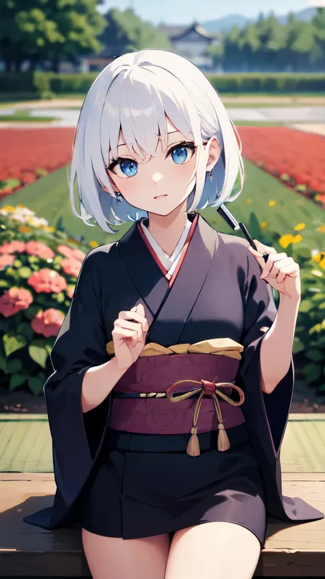 1lady, short white hair, blue eyes, wearing kimono, flower fields, high res, ultrasharp, 8k, masterpiece, looking at viewer, tra...