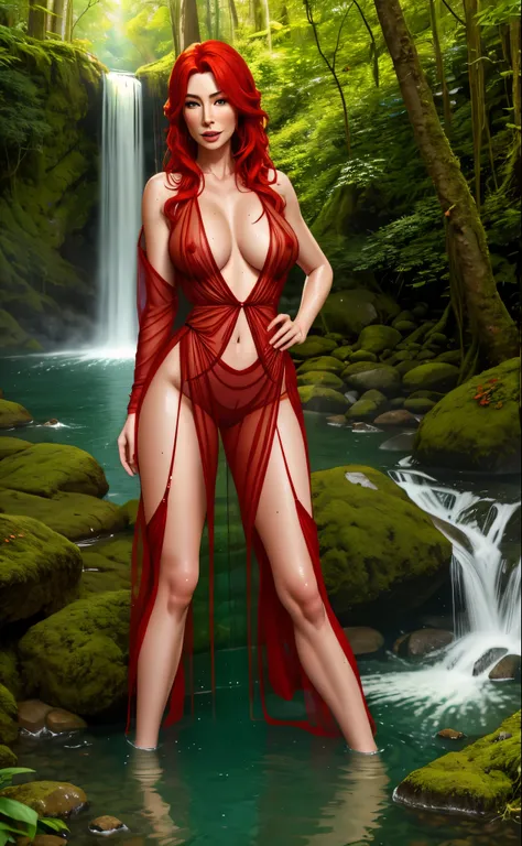 gorgeous red haired druid, green see through dress, leg-slit, deep v-neck, deep forest, wet and wild, waterfall, topless, Jaime Murray