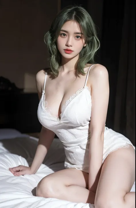 21yo girl, (green hair, bob Hairstyle). Wearing white Lace nightdress, show shoulders, cleavage, natural big breast, show big thigh, plump body, sitting on the bed. Dark background. 