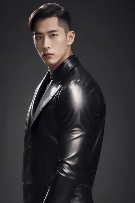 (best quality, highres:1.2),ultra-detailed,physically-based rendering,(realistic,photorealistic,photo-realistic:1.37),front view,Handsome man, slim waist, muscular, broad shoulders, Asian, wearing a tight black latex suit, no jacket, covered in a black lat...