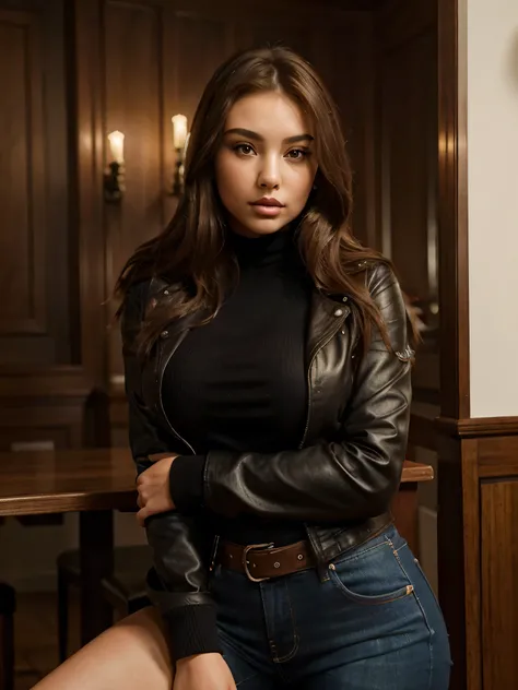 best quality)), ((masterpiece)), (detailed), perfect face, looking hot, gorgeous female jade tailor, sexy look, curvy model, brown hair and a perfect body, portrait sophie mudd, lacey, elegant posed, sexy girl, sultry, wearing jeans and black biker jacket