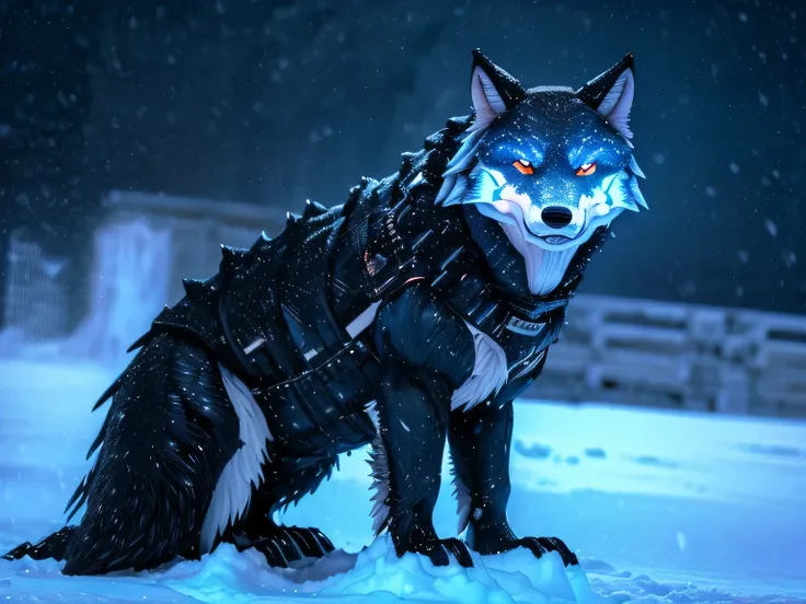 ((Fenrir:1.2)), ((One Wolf:1.2)), ((Blizzard:1.3)), ((Restrained:1.3)), ((Black body hair:1.2)), ((full view:1.1)), ((close view:1.1)), ((Snow field:1.1)), (Huge body), ((midnight:1.3)), ((Looking at viewers:1.3)),