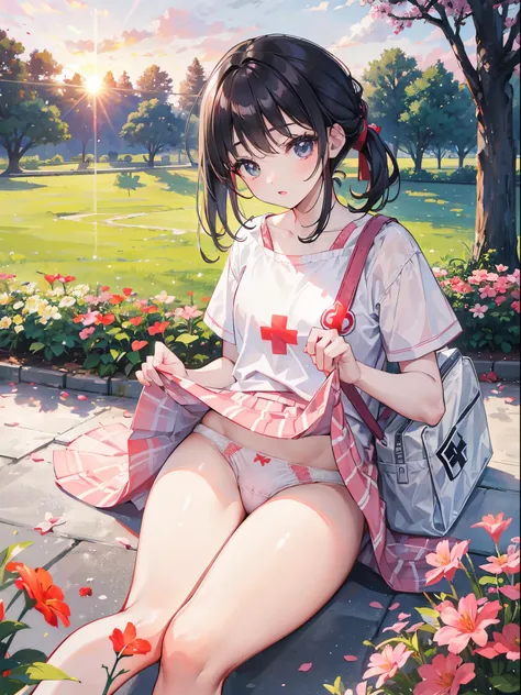 many kids, kids playing on a beautiful park, sunset, surrounded by flowers, spring.  red cross, high res, ultrasharp, 8k, masterpiece、White panties are visible、