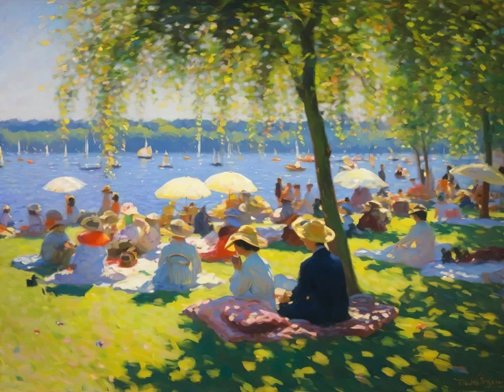 People enjoying sunbathing々,Lakeside,100 people,(Monet&#39;s style AND Renoir&#39;s style),The best composition,Optimal color balance,Master&#39;s work,18th century France,１８People wearing French clothing from the 19th century々,BREAK,Man taking a nap,BREAK...