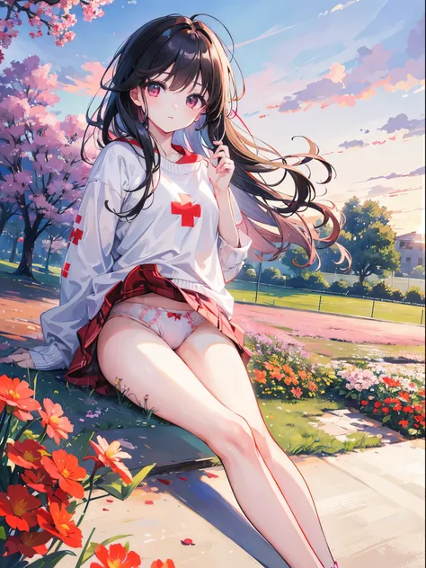 many kids, kids playing on a beautiful park, sunset, surrounded by flowers, spring.  red cross, high res, ultrasharp, 8k, masterpiece、White panties are visible、